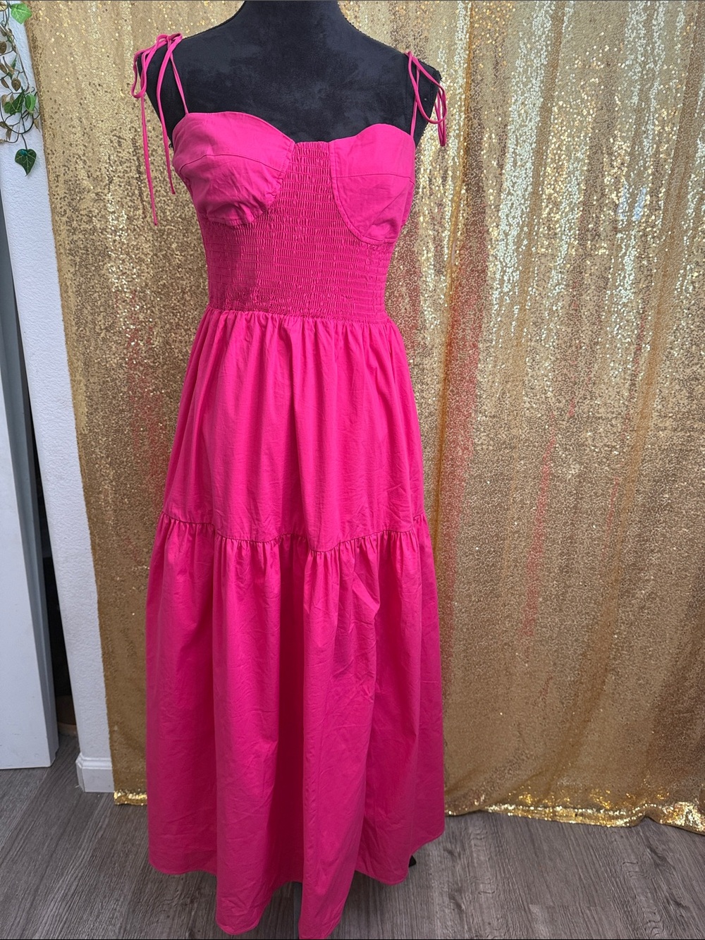 Astr The Label Fuchsia Smocked Bust Tie-Shoulder Maxi Dress